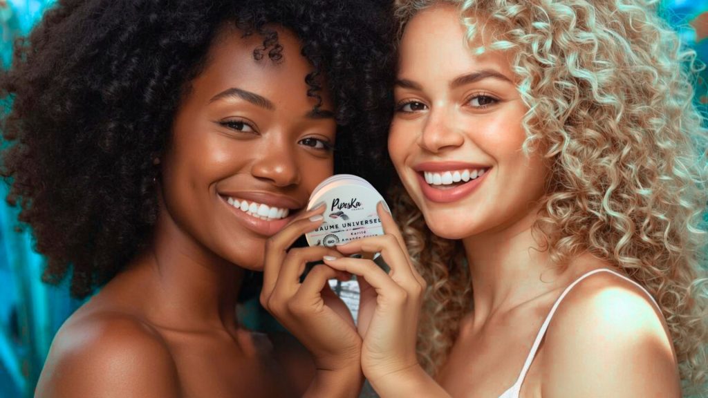 Deux femmes, cheveux texturés, utilisant le Baume Universel Bio Caribbean Fusion – soin naturel et multi-usage.